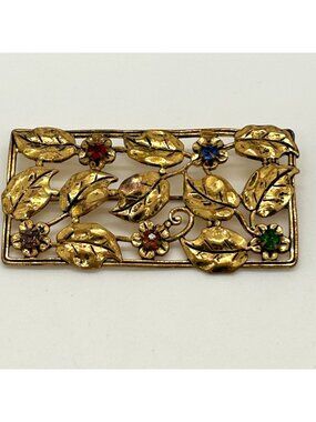 Vintage Art Nouveau Gold-Tone Floral Leaf & Rhinestone Brooch Pin Rectangle